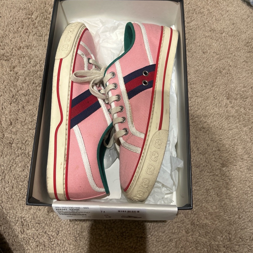 Pink Canvas Sneakers with Navy & Red Stripe